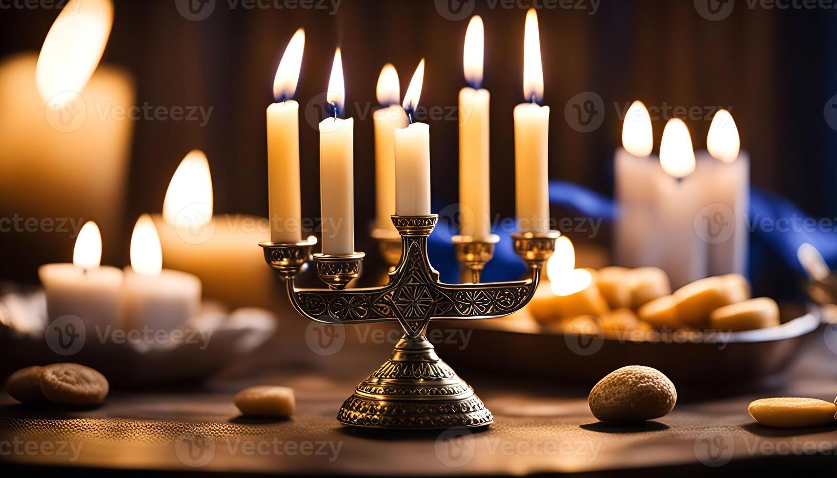 Candlestick with lit candles in a warm and inviting setting photo