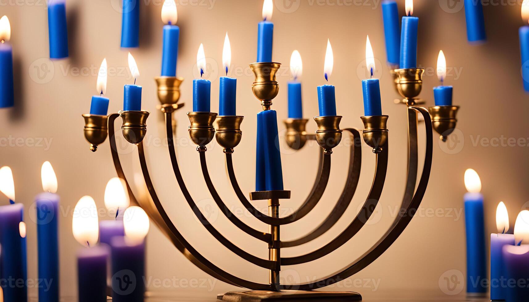 Menorah with Blue Candles, Symbol of Hanukkah photo