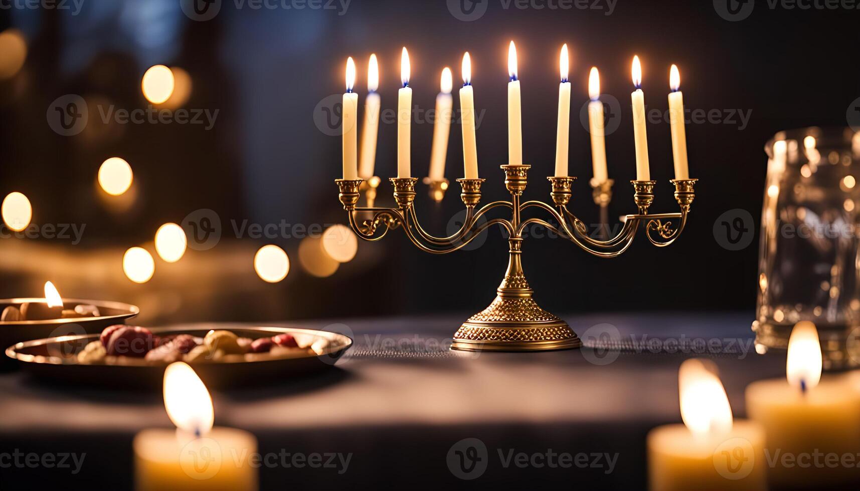 Golden Menorah with Candles on a Table photo