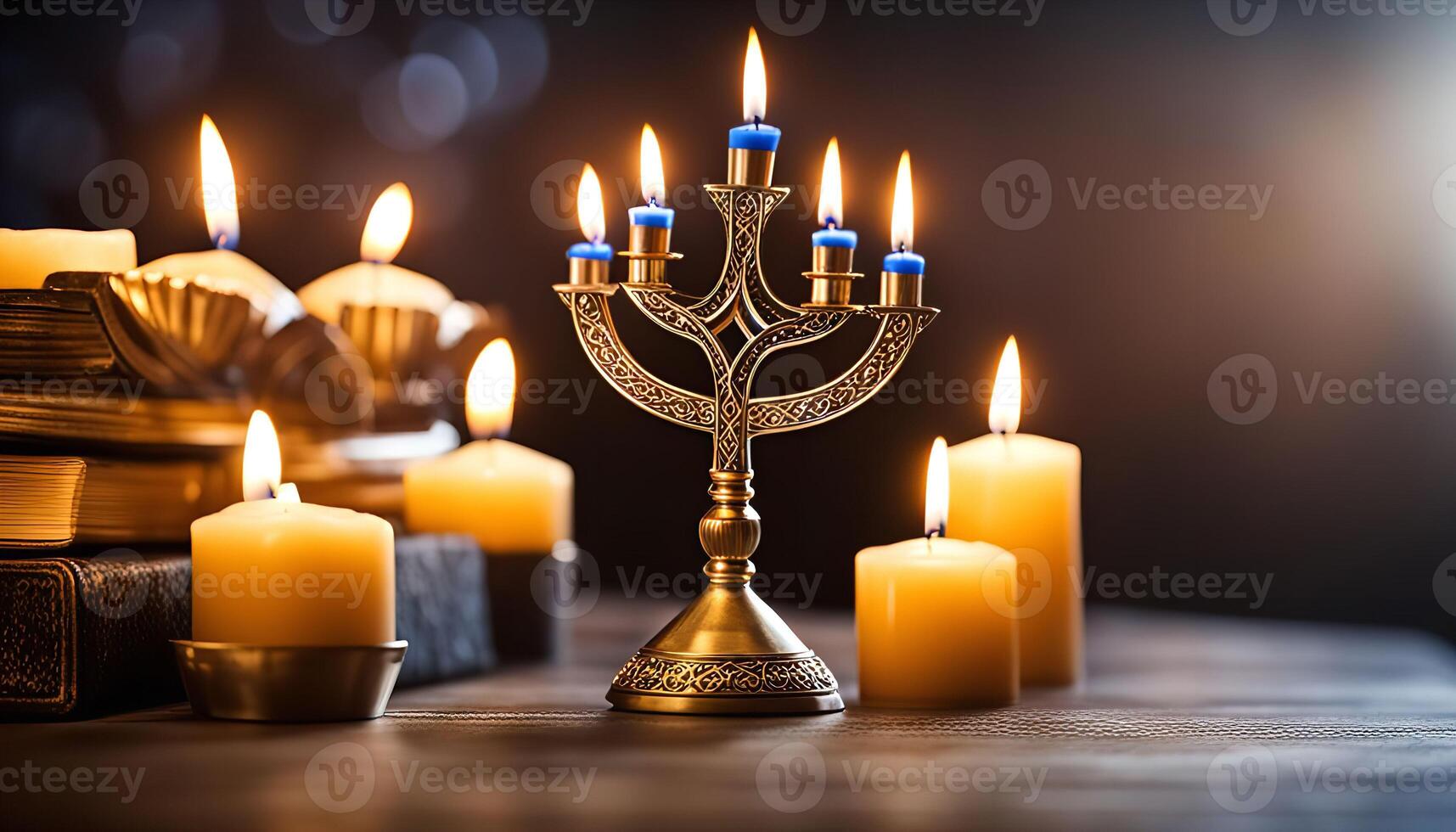 A menorah with candles lit for Hanukkah photo