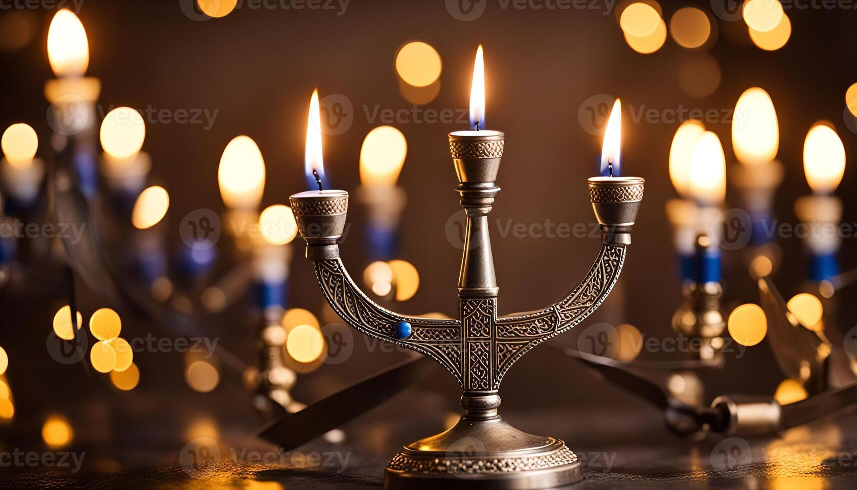 Silver Menorah with Burning Candles photo