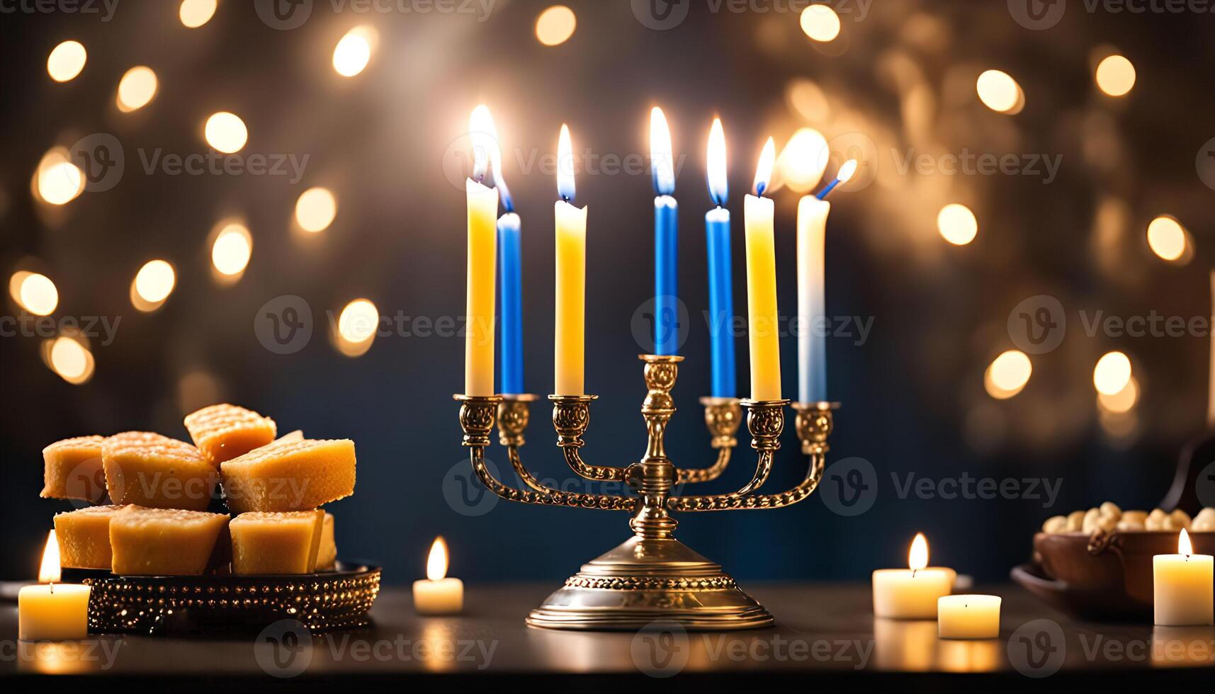 Menorah with Candles and Sufganiyot for Hanukkah photo