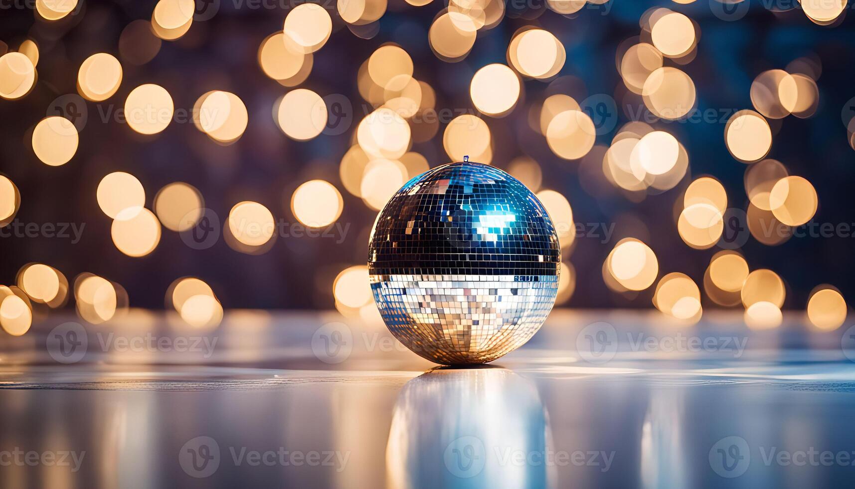 Disco Ball on a Shiny Floor with Bokeh Lights photo