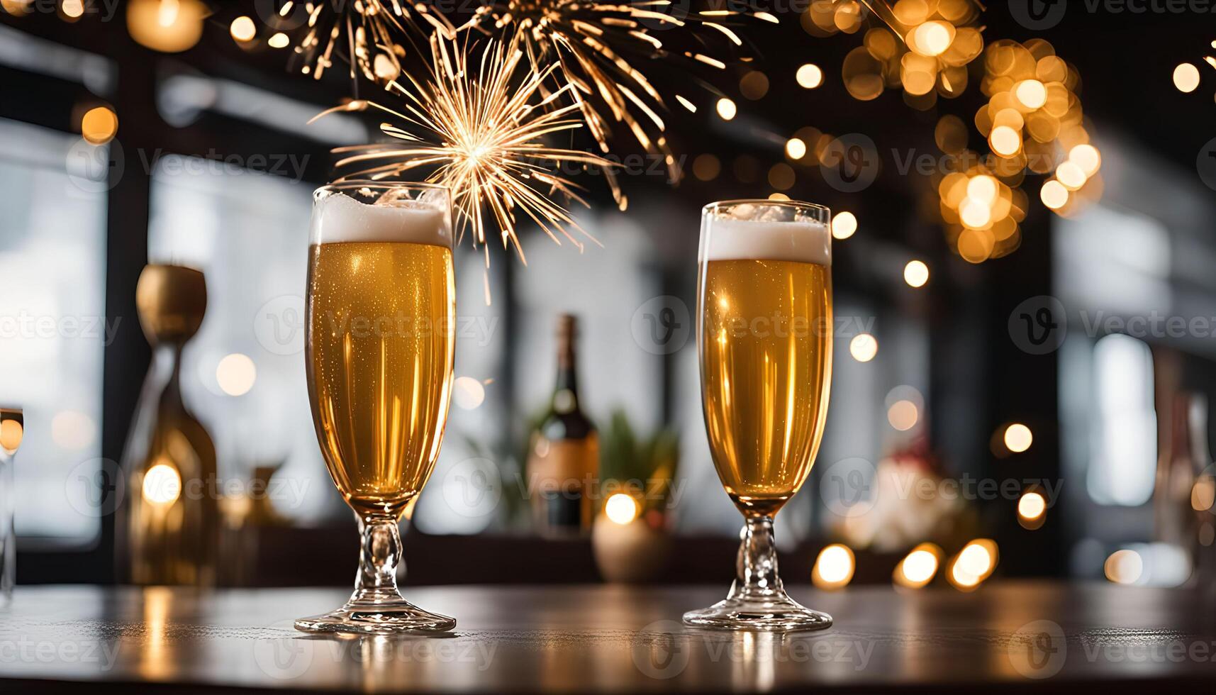 Two glasses of beer with sparklers on a table in a bar photo