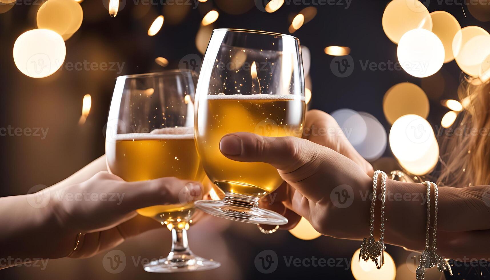 Cheers Two glasses clinking in a celebration with a festive background photo