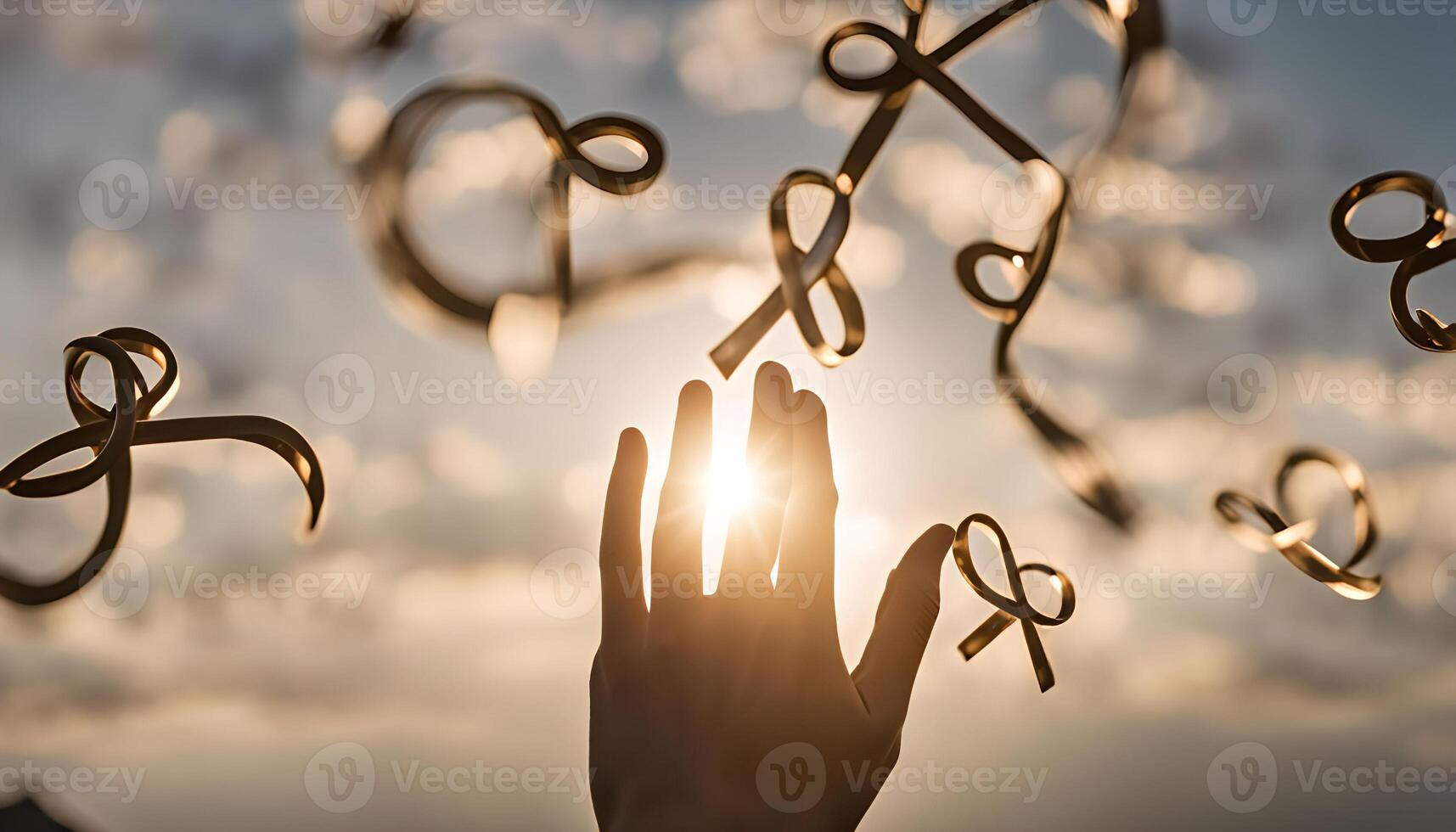 Hand Reaching for Golden Ribbons in the Sunset Sky photo