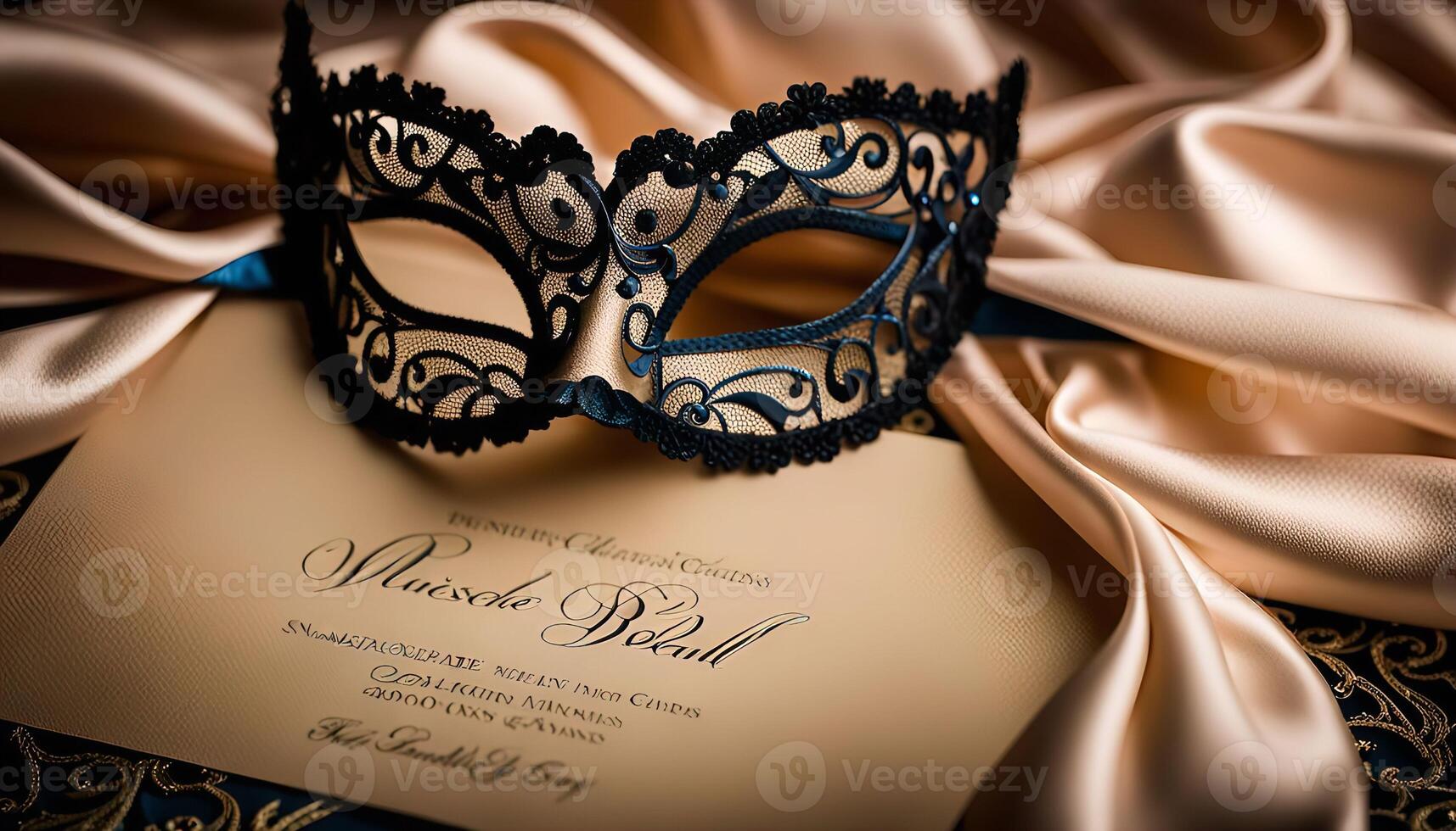 Black Lace Masquerade Mask on Satin Fabric photo