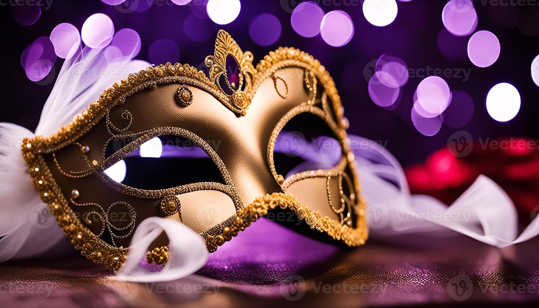 Golden Venetian Masquerade Mask with Purple Bokeh Background photo