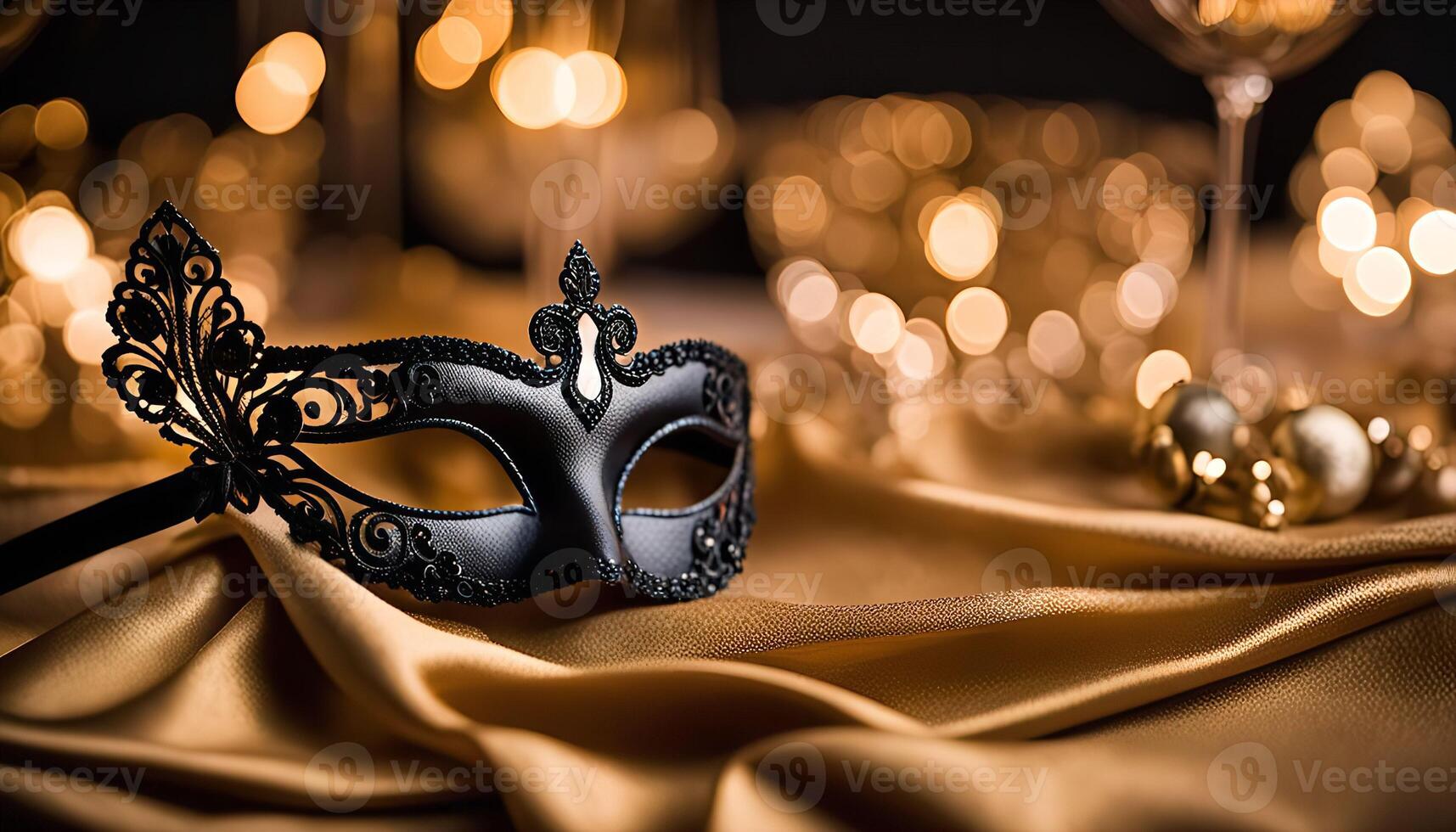 Black Masquerade Mask on Golden Fabric photo