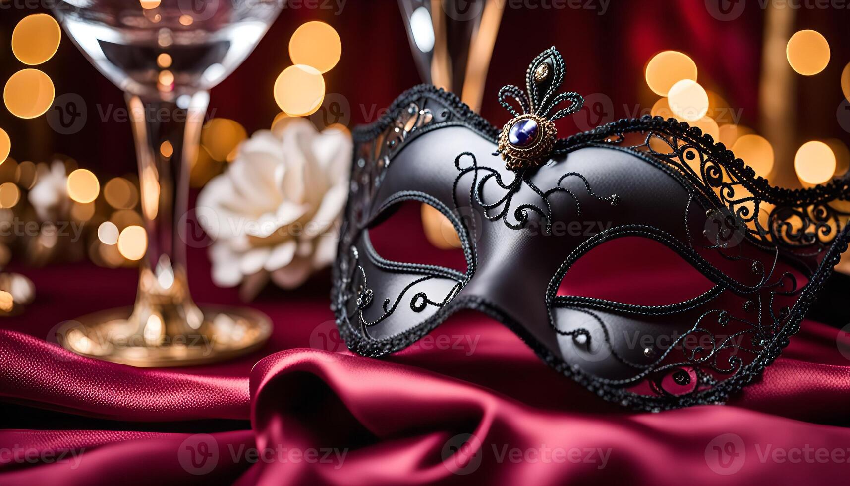Black Venetian Mask on Red Satin Fabric photo