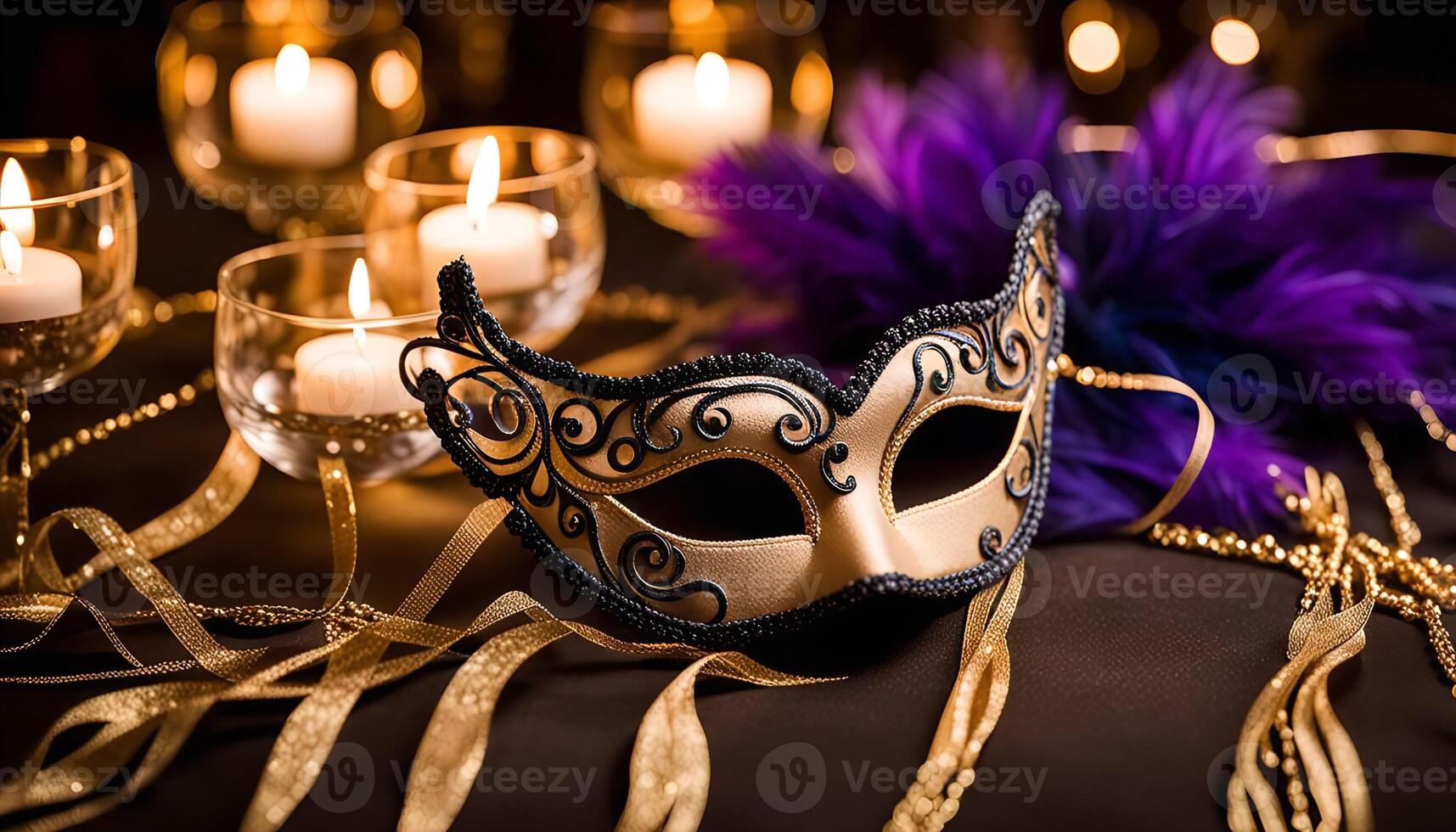 Elegant Gold and Purple Masquerade Mask photo