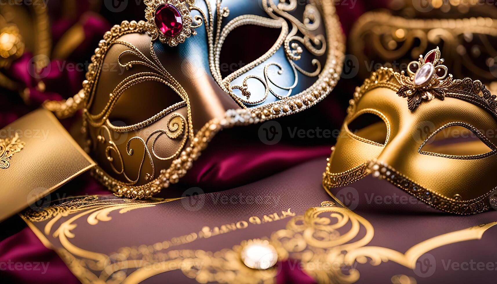 Golden Venetian Masks on a Luxurious Background photo