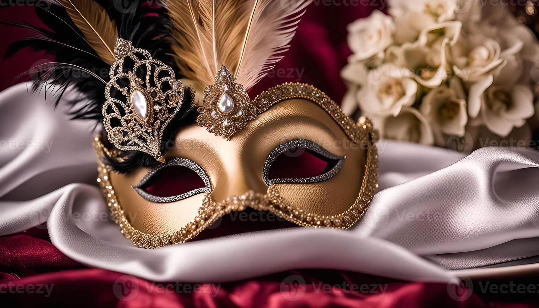 Golden Venetian Carnival Mask with Feathers photo
