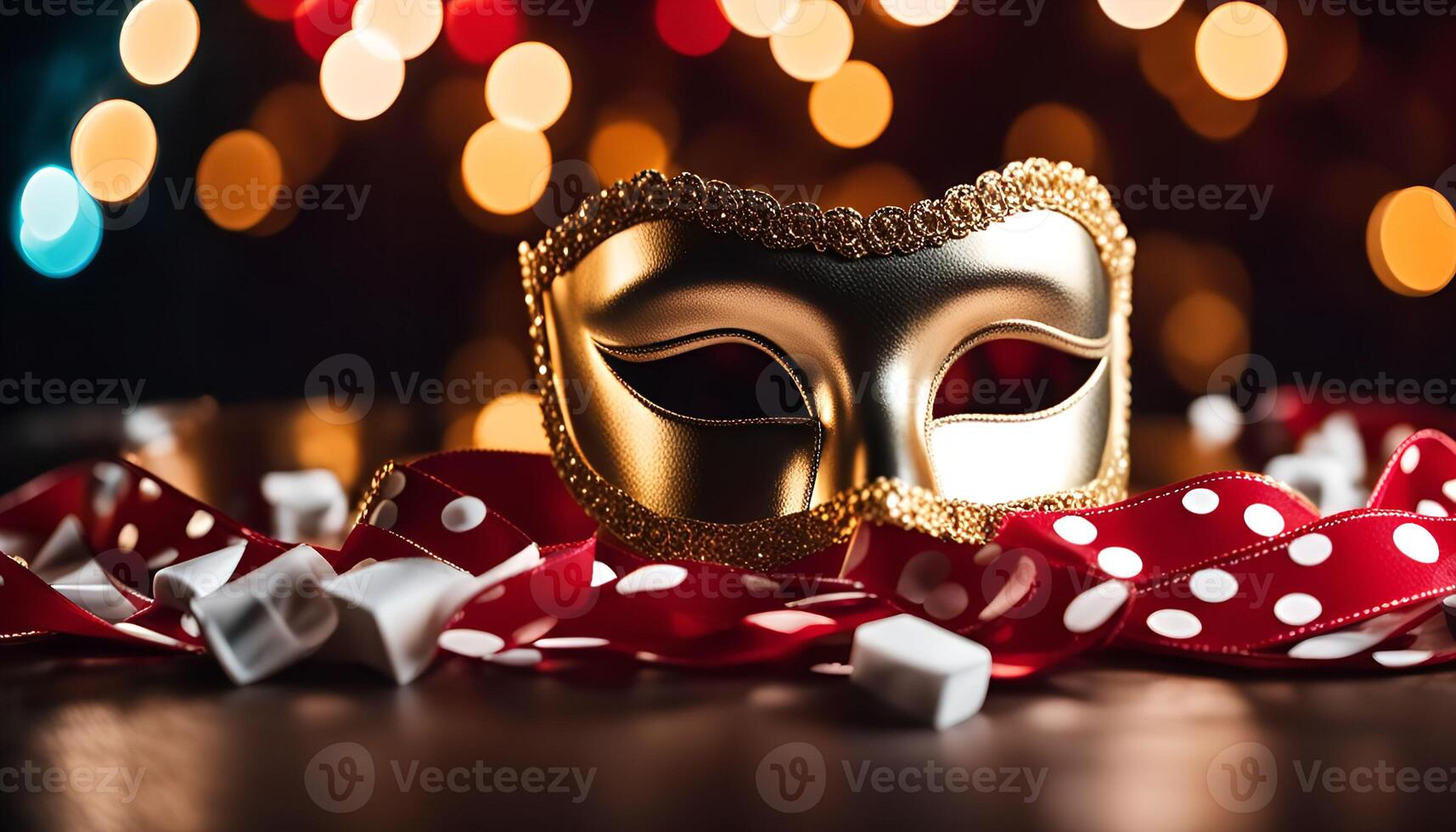 Golden Mask with Red and White Polka Dot Ribbon photo