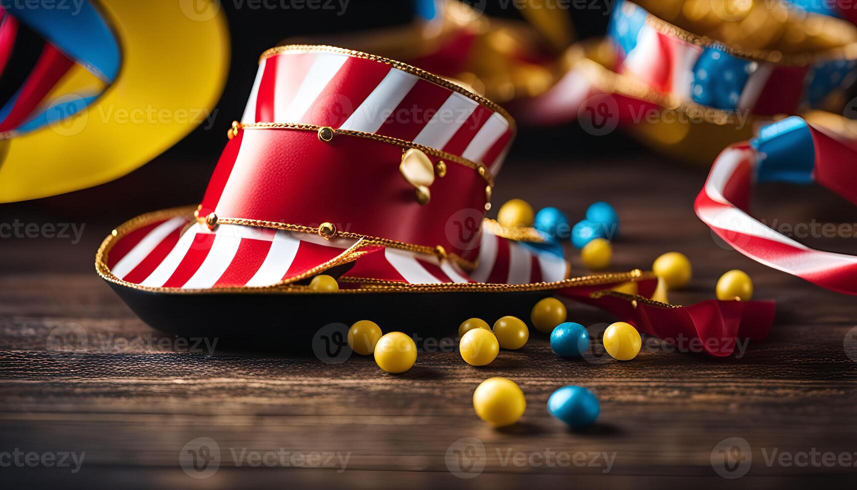 Party Hat and Candy on Wooden Table photo