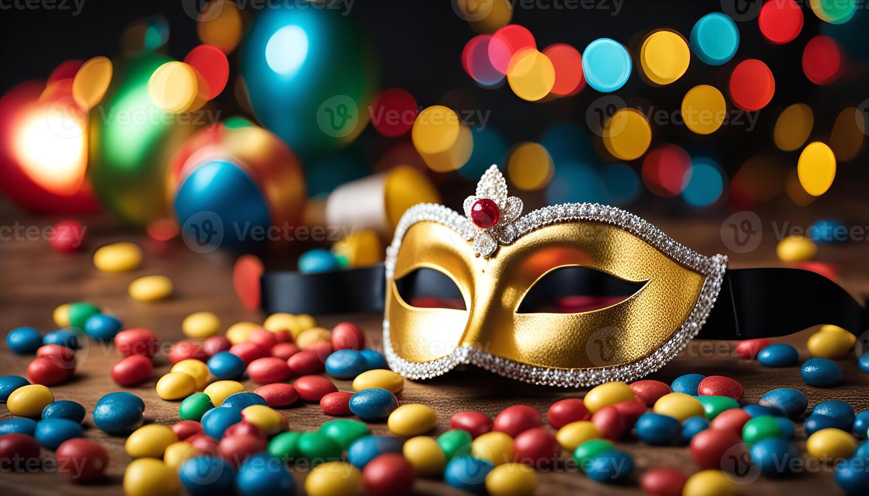 Golden Carnival Mask on Candy-Covered Table photo