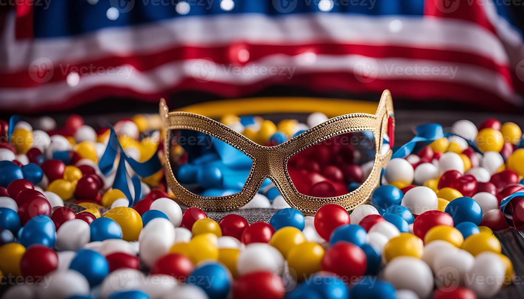 Golden Mask on a Bed of Colorful Candy photo