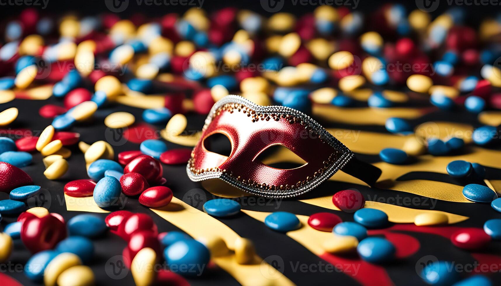 Red and Gold Mask on a Bed of Colorful Candies photo