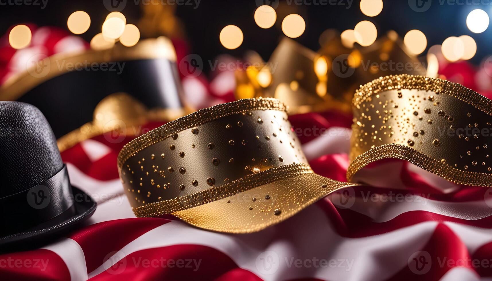 Golden Party Hats on a Red and White Background photo