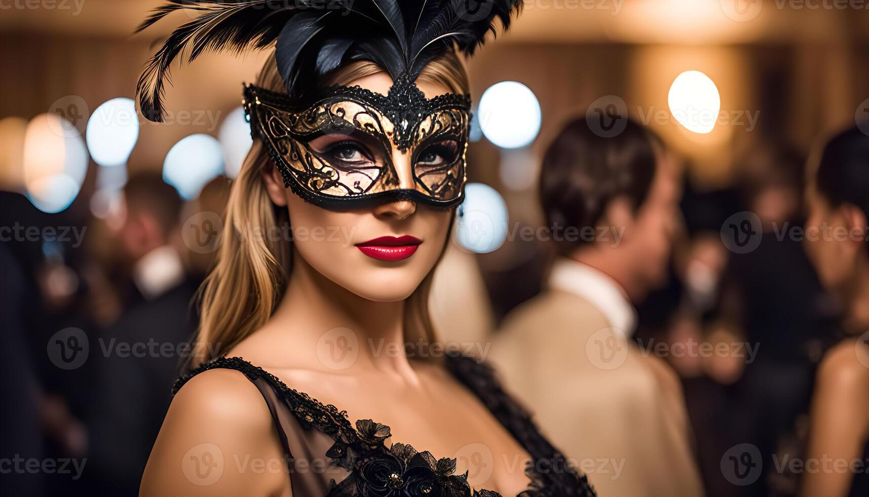 Masquerade Ball A Woman in a Black Dress and Gold Mask photo