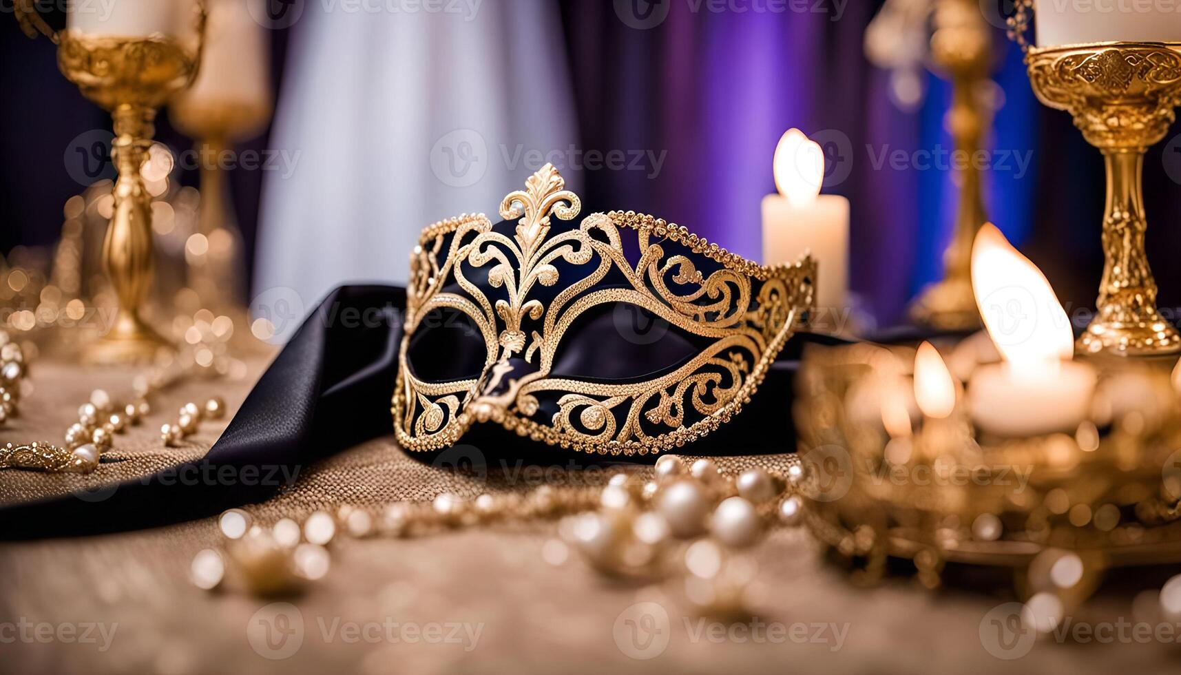 Elegant Venetian Mask with Golden Accents and Candles photo