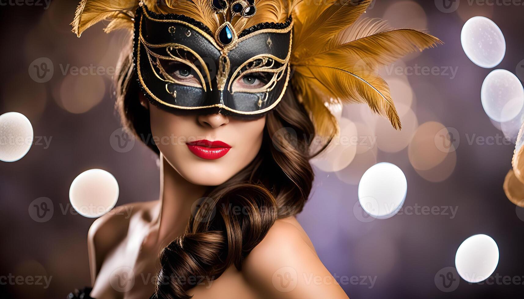 Mysterious Woman Wearing a Golden and Black Carnival Mask photo
