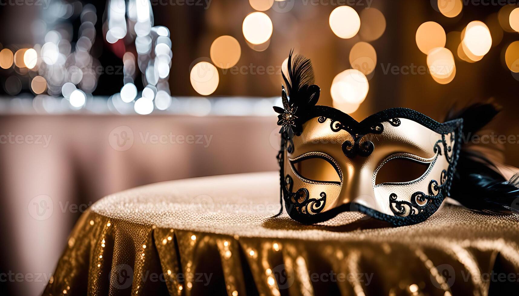 Elegant Golden Mask on a Sequined Tablecloth photo