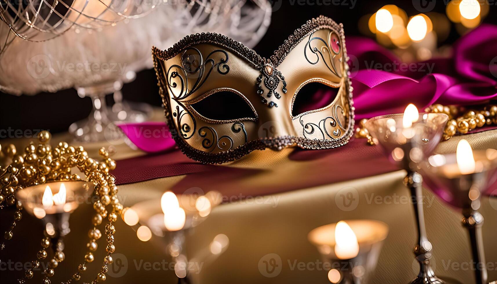Golden Venetian Mask with Candles and Beads photo