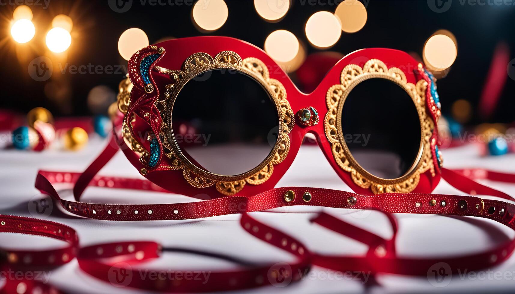 Red and Gold Ornate Sunglasses with Festive Decor photo
