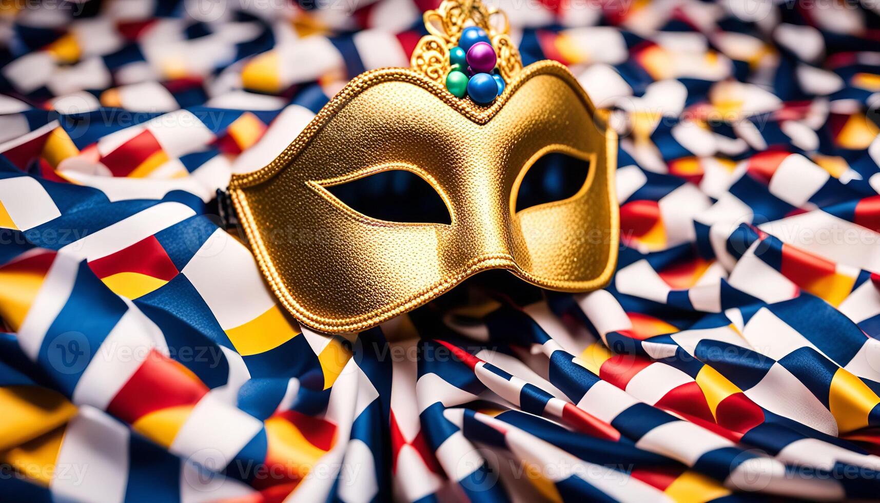 Golden Venetian Mask on Colorful Fabric photo