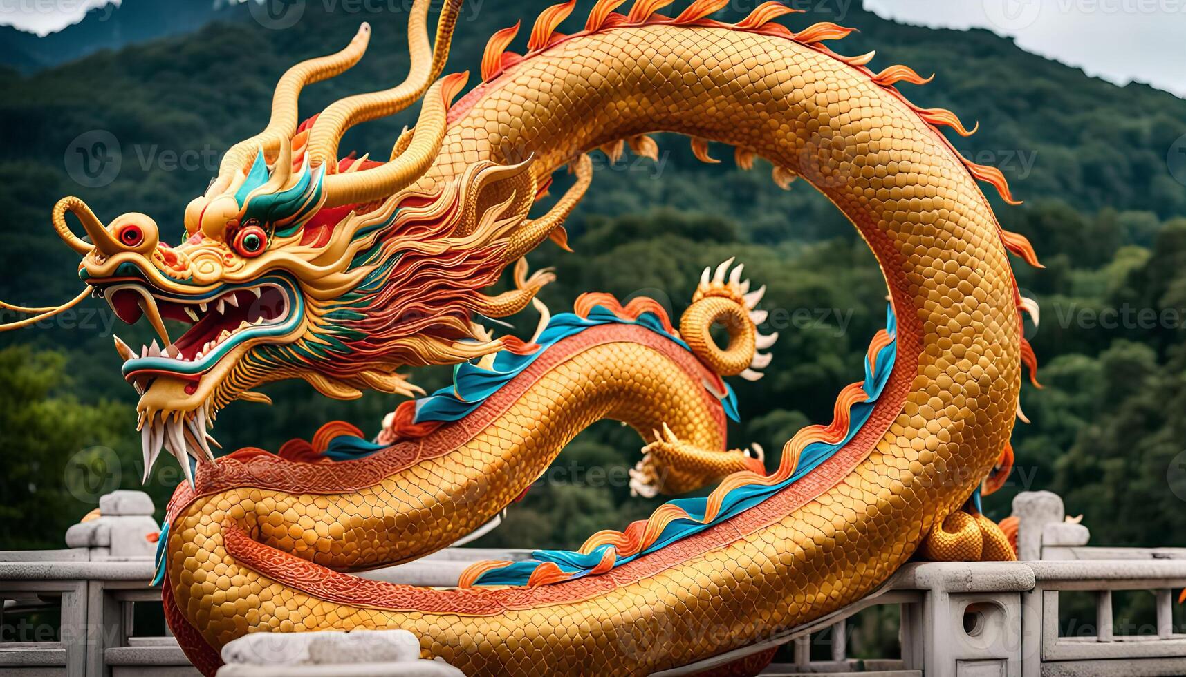 Golden Dragon Statue in a Mountainous Setting photo