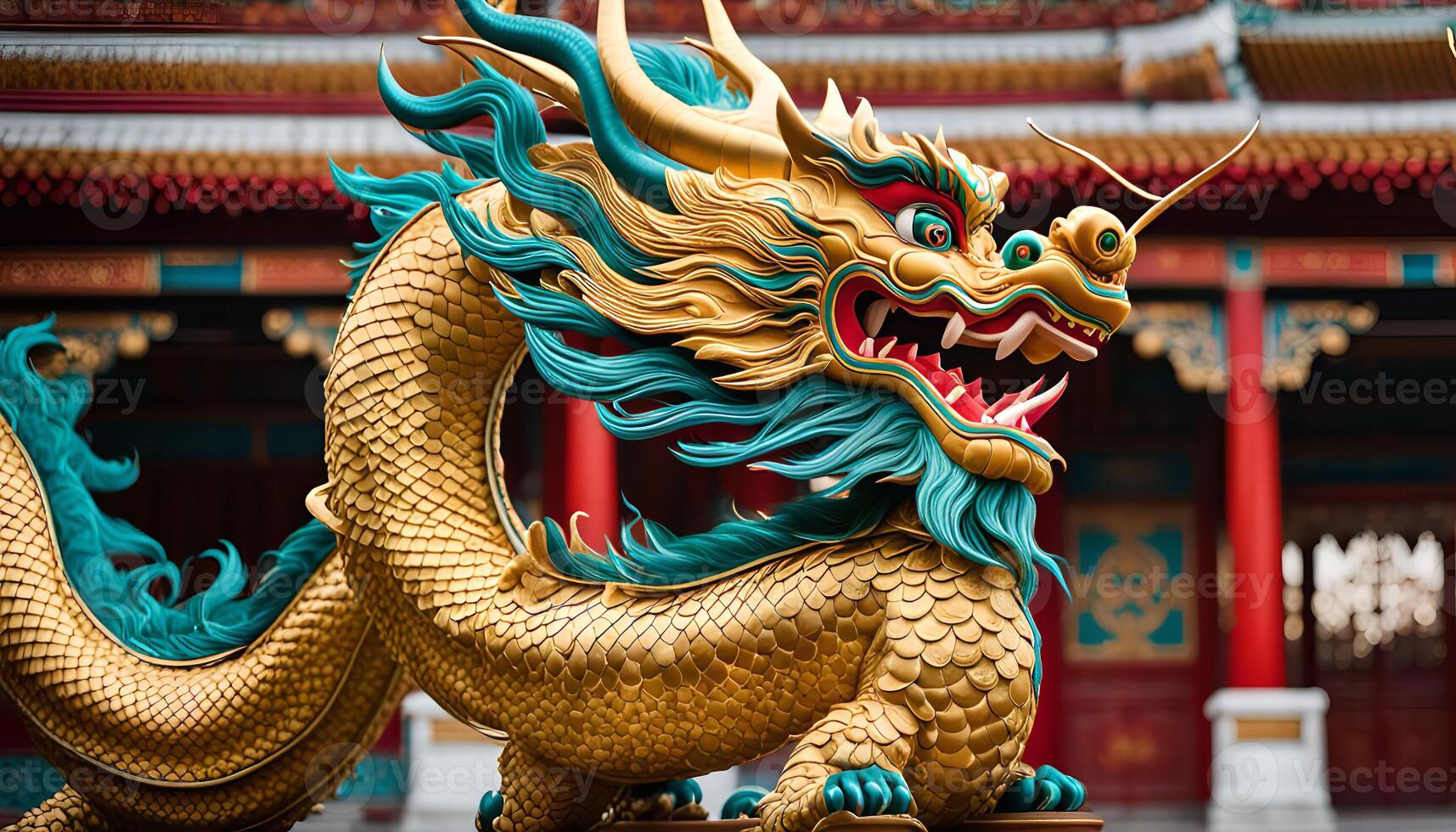Golden Dragon Statue in Front of a Chinese Temple photo