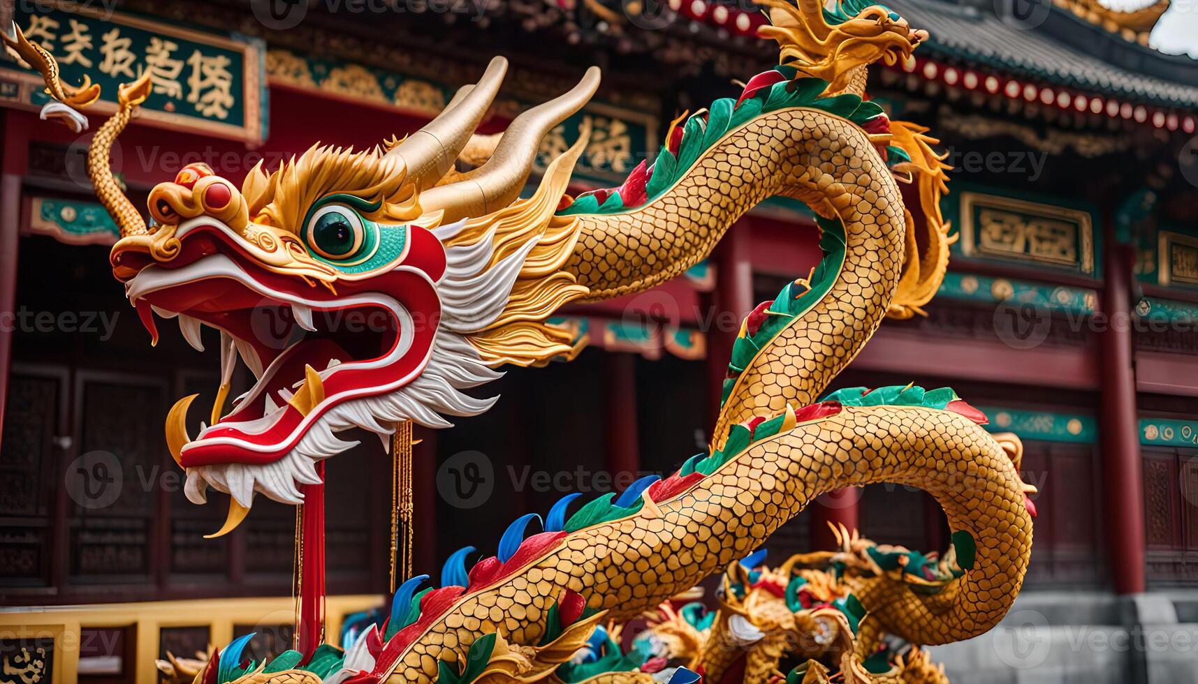 Golden Dragon Statue in Front of a Chinese Temple photo