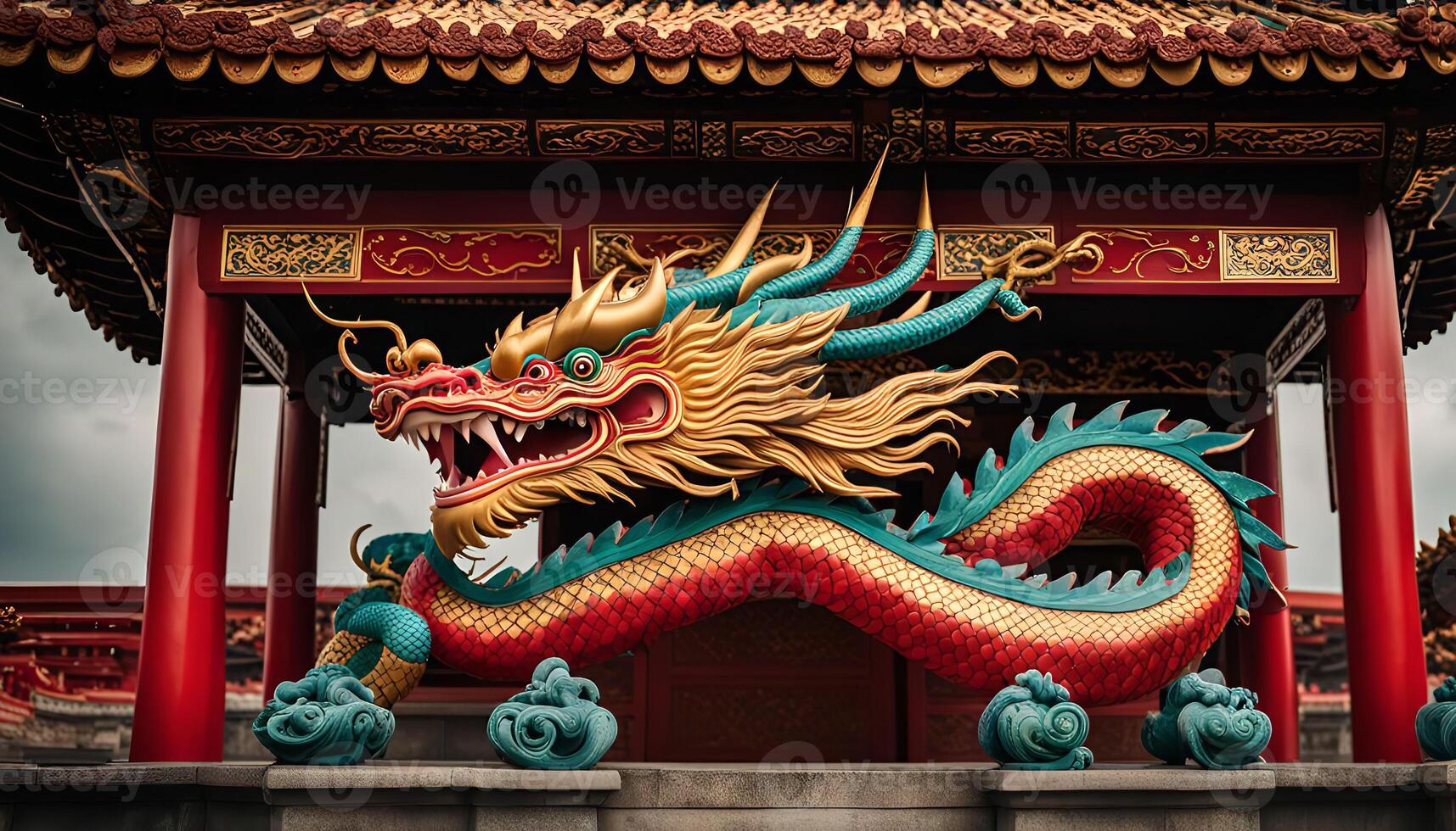Golden Dragon Statue at a Chinese Temple photo