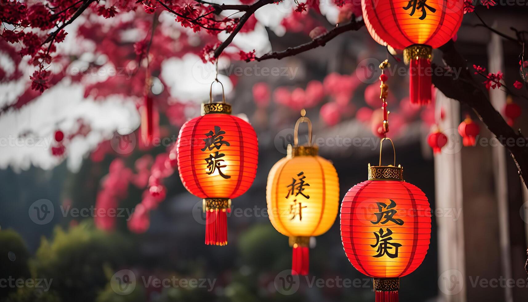 Red Lanterns Hanging from Tree Branches photo