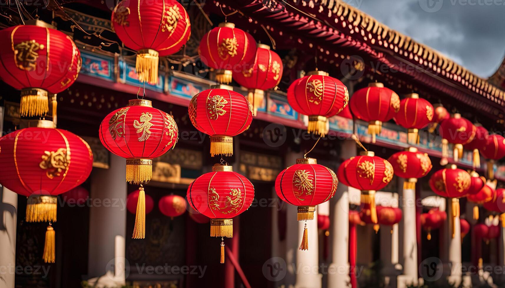 Red Lanterns Hanging in Front of a Chinese Temple photo