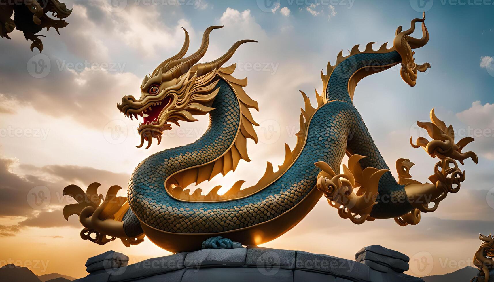 Golden Dragon Statue Against Cloudy Sky photo