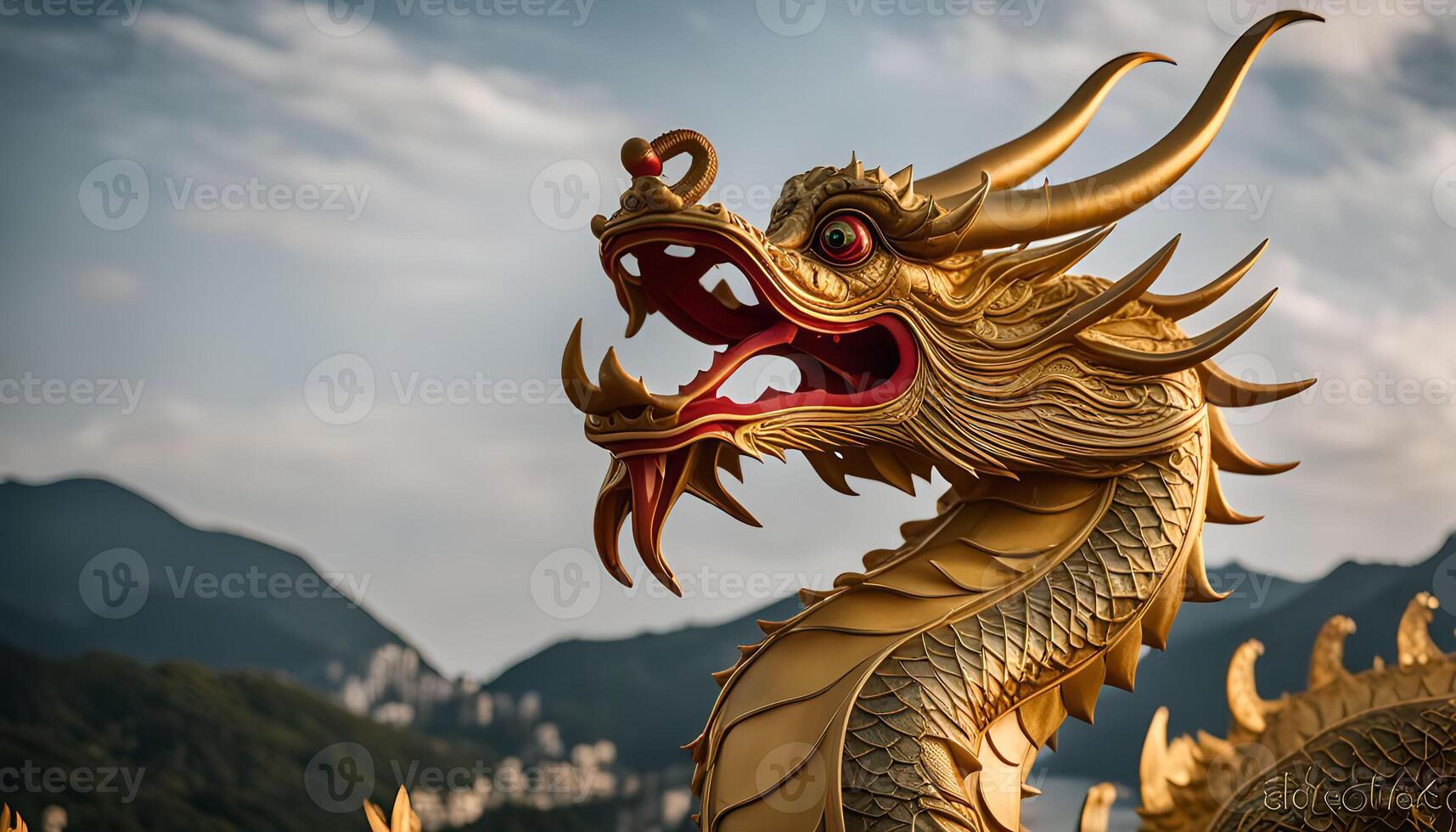 Golden Dragon Statue against Mountain Background photo