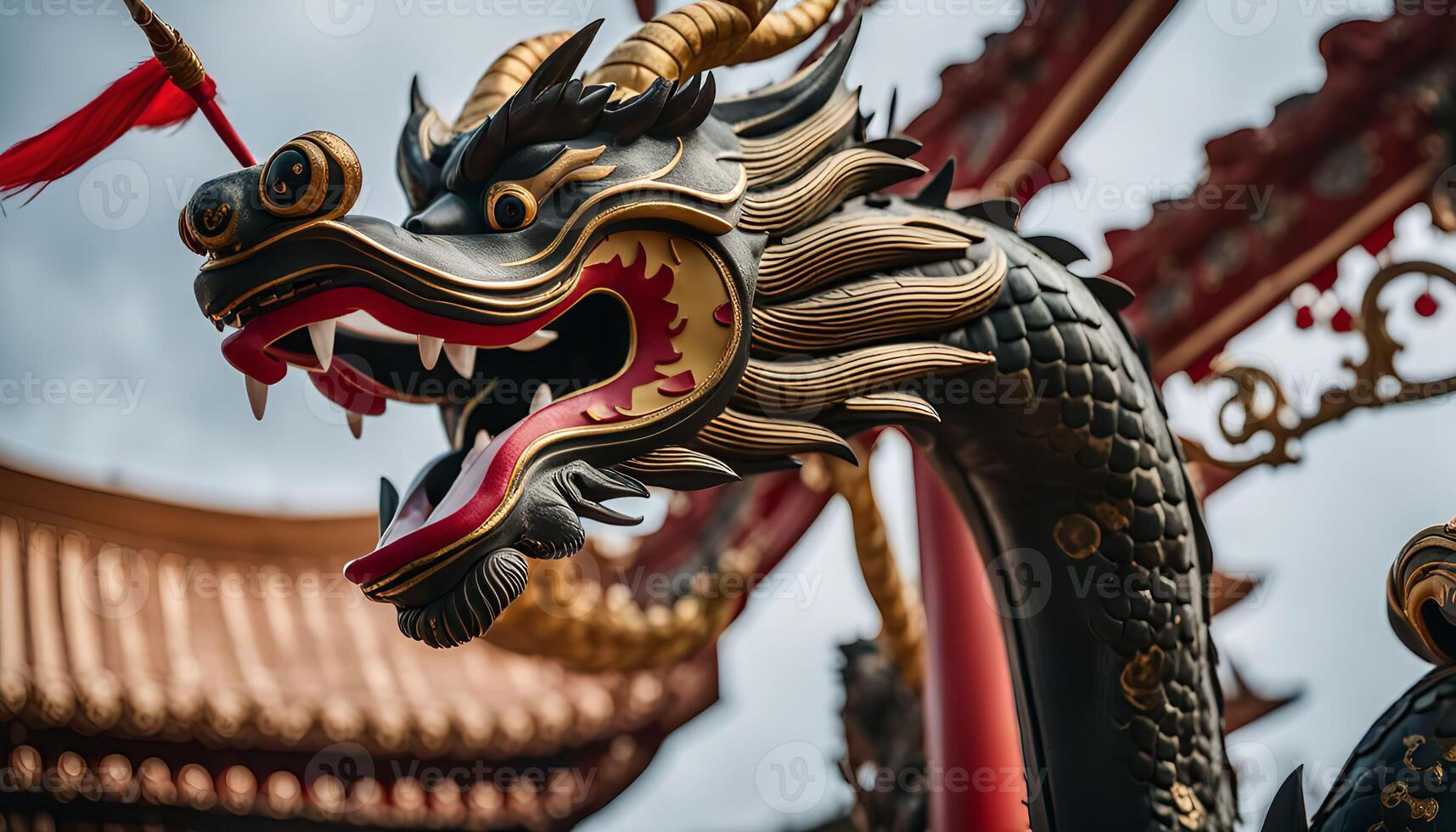 Close-up of a Golden and Black Dragon Statue photo
