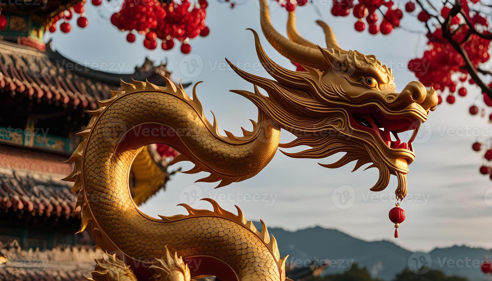 Golden Dragon Statue at a Chinese Temple photo