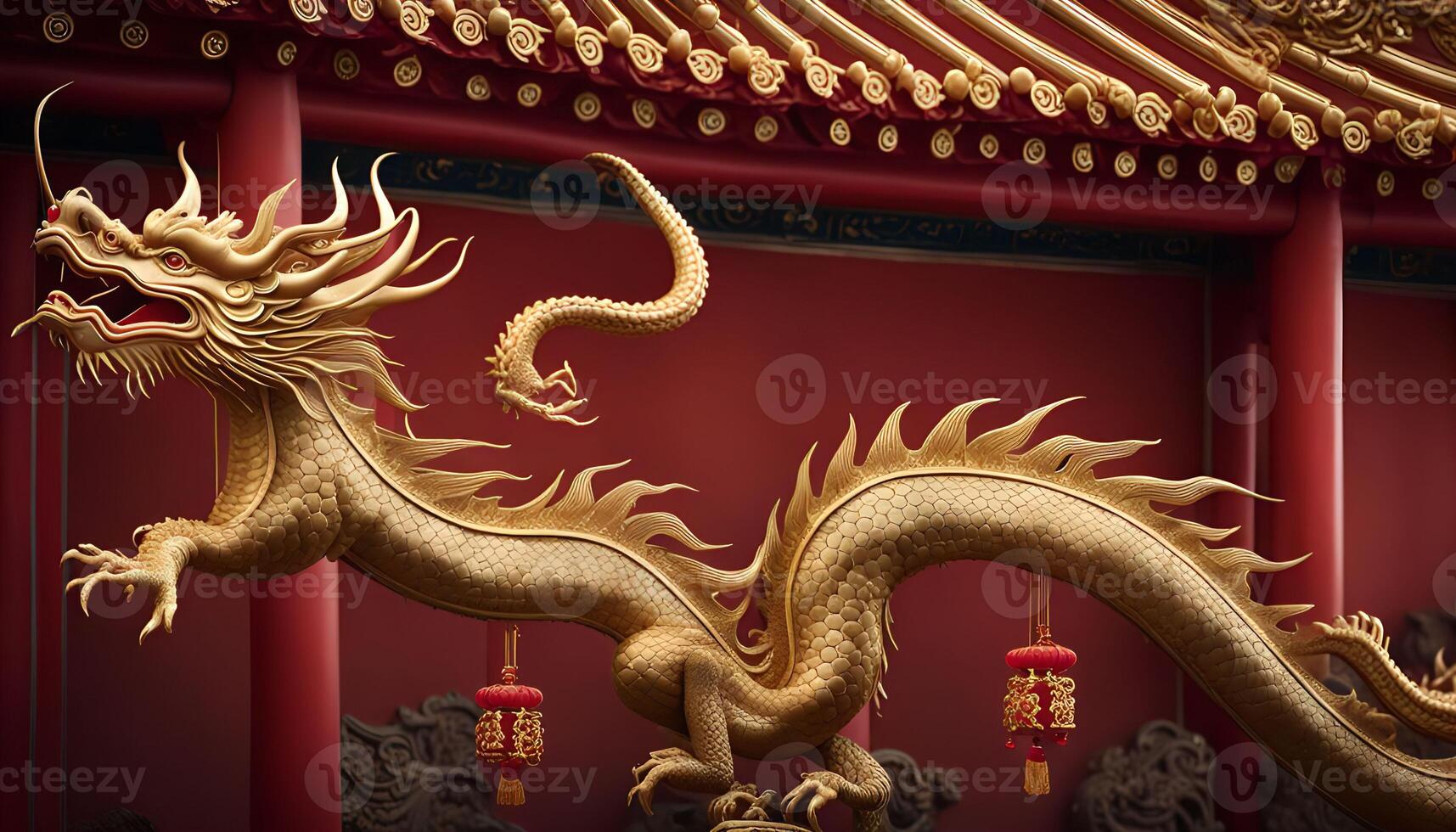 Golden Dragon Statue on a Red Roof photo
