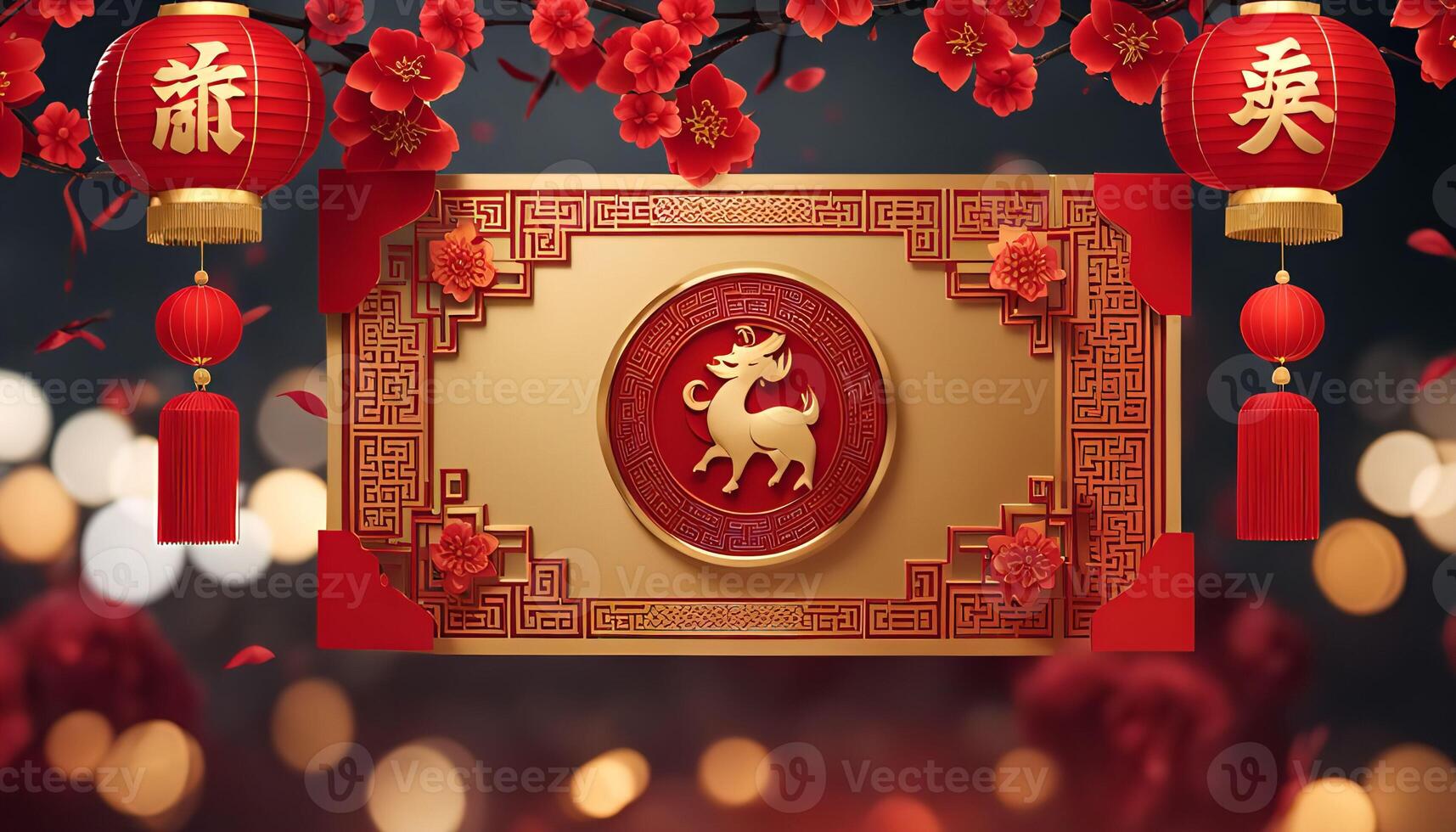 Chinese New Year Celebration with Red Lanterns and Golden Deer photo