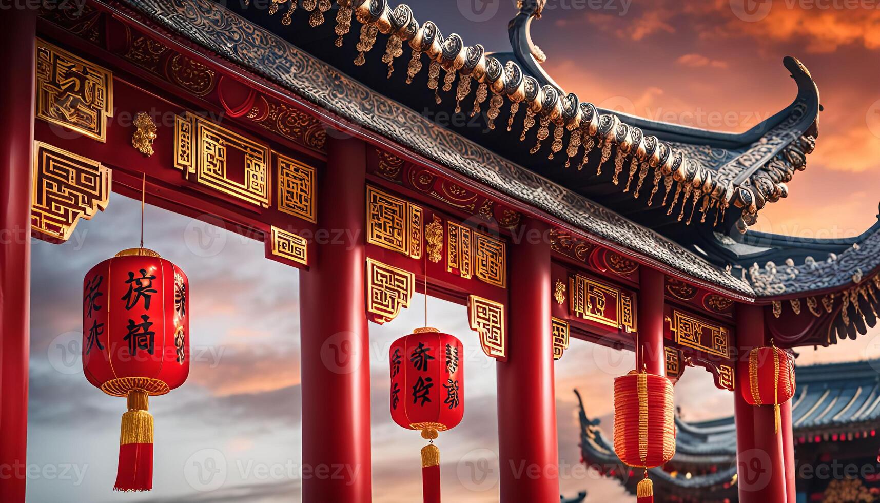 Chinese Temple Gate with Red Lanterns at Sunset photo