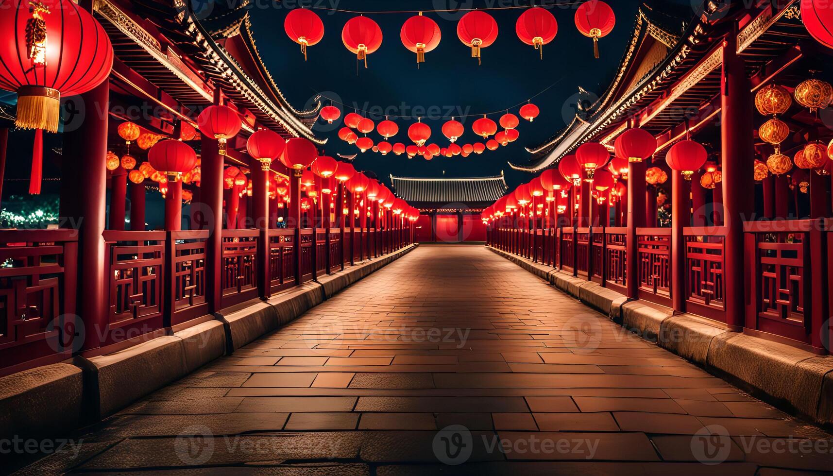Nighttime view of a red Chinese bridge with lanterns photo