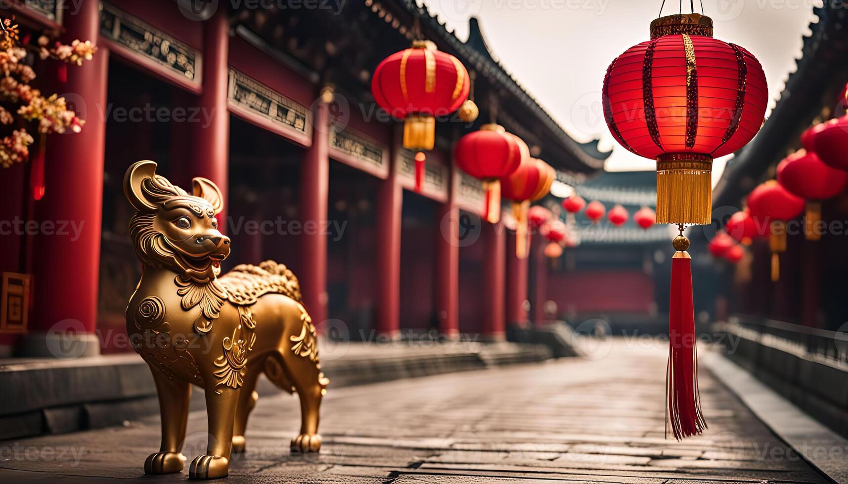 Golden Guardian Lion Under Red Lanterns in China photo