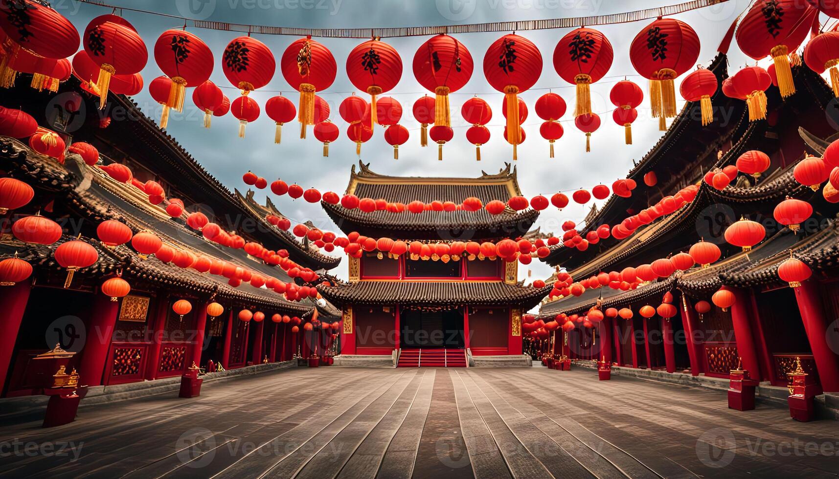 Red Lanterns Decorating Chinese Temple Courtyard photo