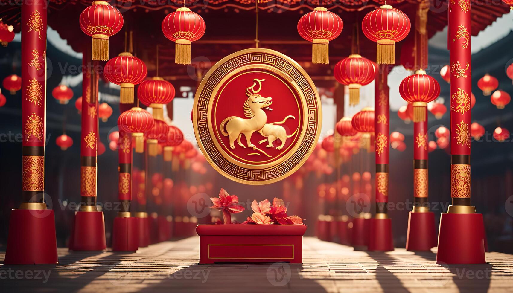 Chinese New Year Celebration with Lanterns and Zodiac Symbol photo