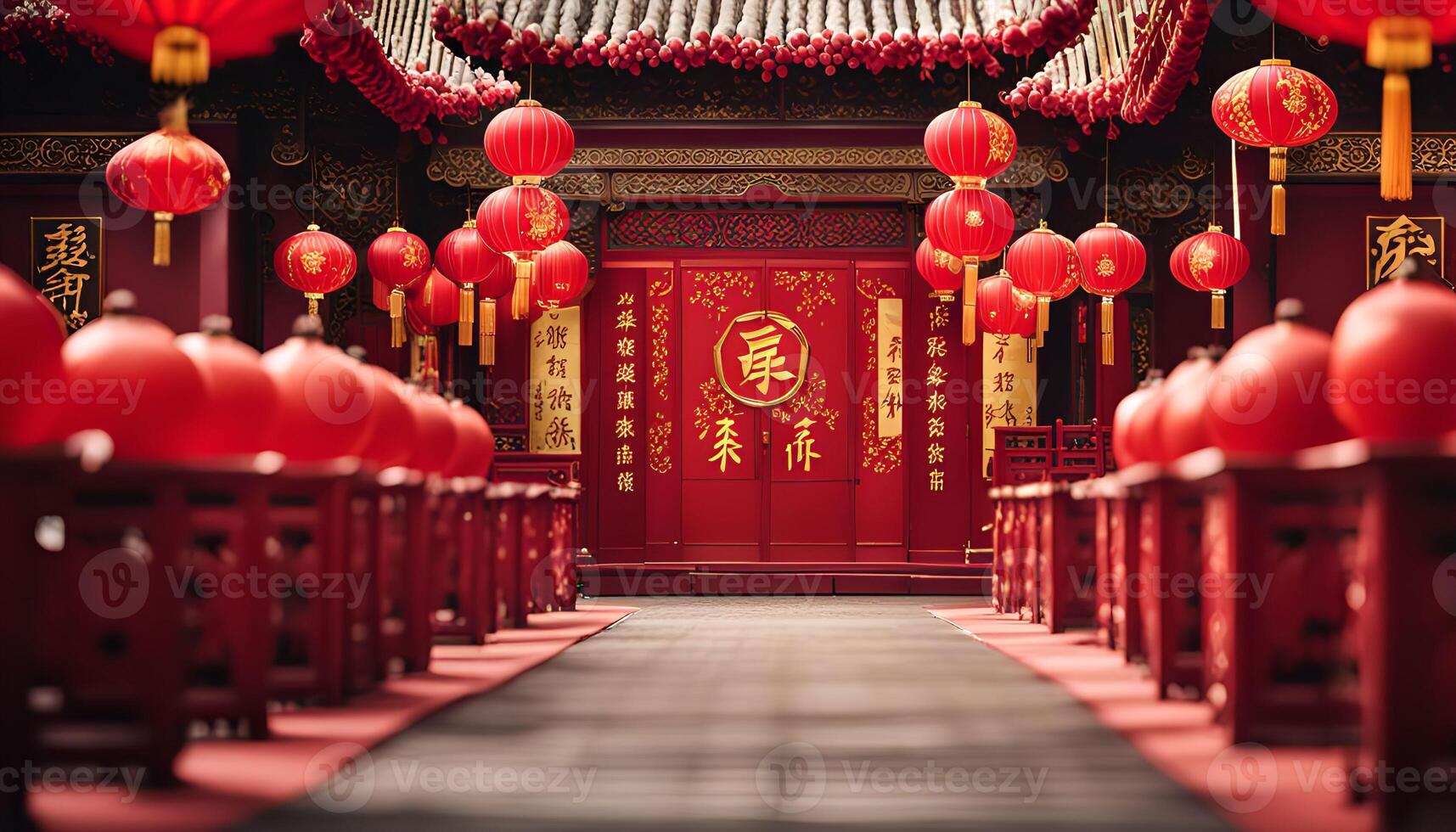 Red Lanterns and a Red Door in a Chinese Temple photo