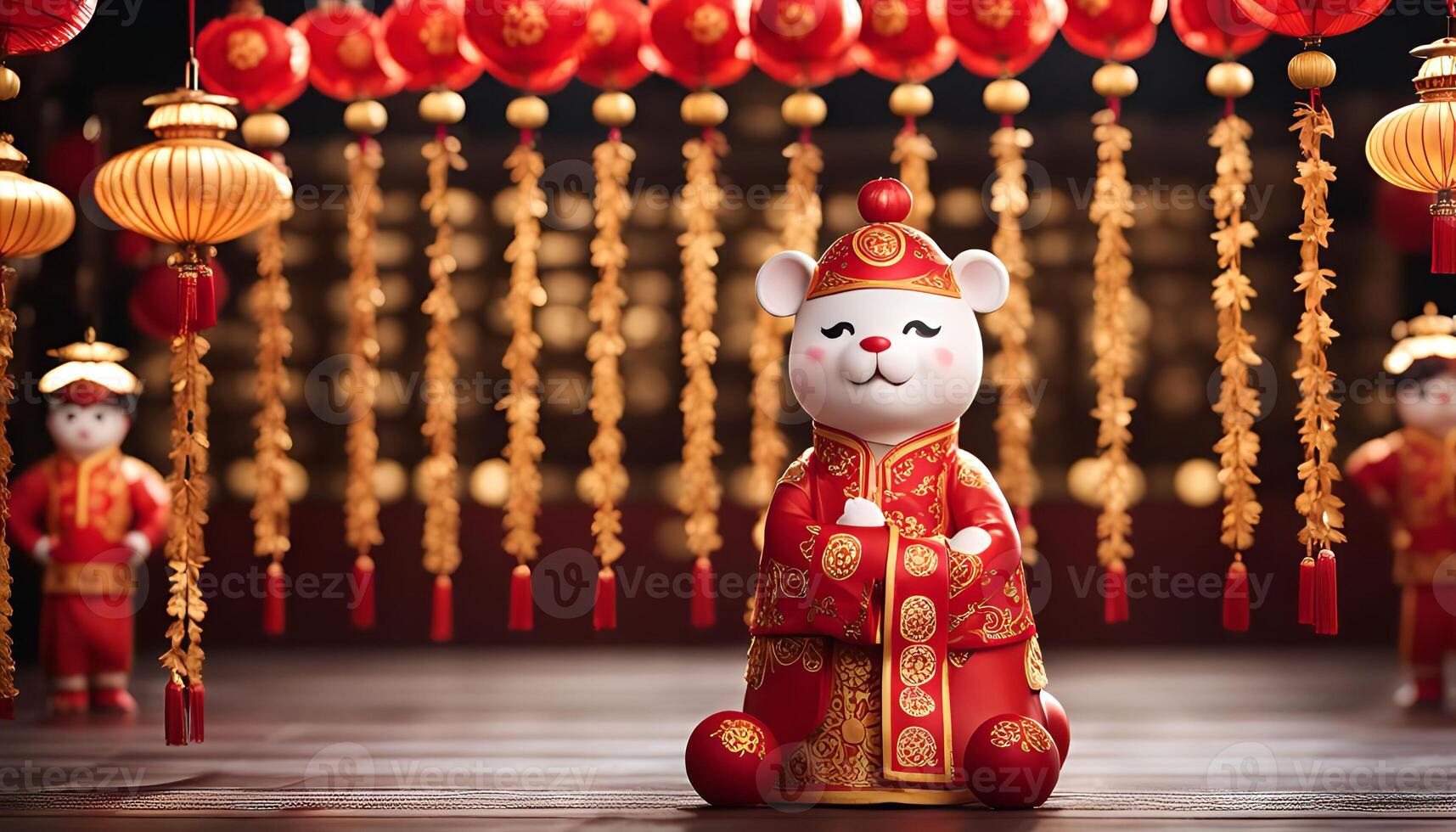 Chinese New Year Rat Figurine with Red Lanterns photo
