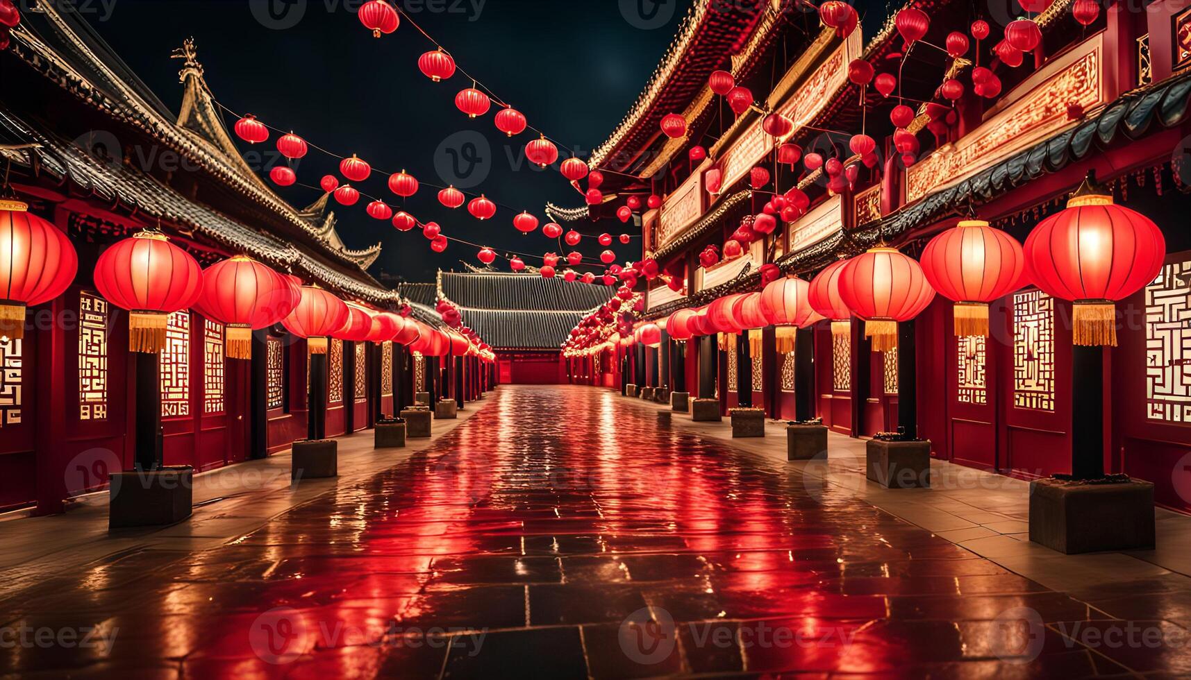 Red Lanterns Illuminated Pathway in China photo